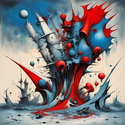 Bankruptcy of creative destruction, asymmetrical surrealism, dramatic distressing, by Gerald Scarfe, by Yves Tanguy, color splash, splash art, red and blue dual color scheme, zero sum game.