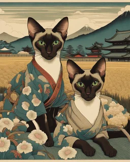 Two sister Oriental shorthair Siamese chocolate point cats" Asakusa Ricefields, Japanese Art Poster, in the style of Utagawa Hiroshige