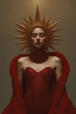 lady in red veils her face and has a large golden spiked crown, in the style of celestial fasion, otherworldly beauty, davide sorrenti, celestialpunk, album covers, fra angelico, aykut aydogdu, queencore, golden age aesthetics --s 750 --v 6. 0 --ar 10:13