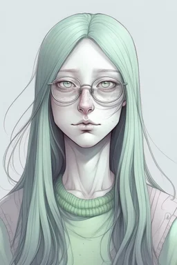 Alien female, with unnatural colored long hair. Soft style with glasses