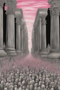 columns of gray men on the march toward sterility and self destruction; optical art; black and white ink wash with 50 shades of pink