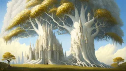 Valinor, tolkien, two giant trees, one giant golden tree, one giant silver tree, surrounded by a giant white castle.