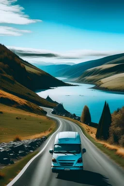 winding mountain road overlooking blue lake. campervan on road.
