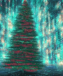 Painting of matrix code Christmas tree inside futuristic cyberpunk space ship