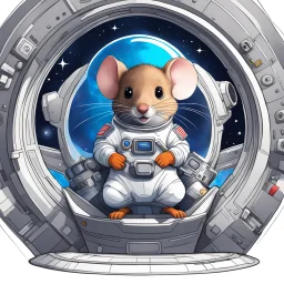 A shy mouse sits in a spaceship, it wears a space suit: ready to blast off!