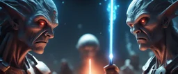 Close-up confrontation between an ancient alien outcast leader and a space broker, standing only a meter apart, intense eye contact, glowing crystalline rod between them, anger mixed with sadness, dramatic facial expressions, shallow depth of field, cinematic lighting, stylized 3D anime, airbrush painting, crisp outlines