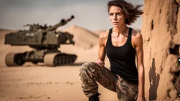 beautiful slender caucasian female technician, black tank top, well toned muscles, weathered face, scratched sand camo metal details, short brunette wavy bob haircut, dystopian, desert scene, bloody wounds, explosions in background, wounded by gunfire