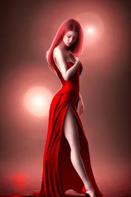 Adorable woman in red gown volumetric light ray in haze nude