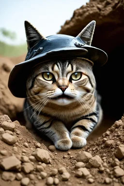cat with shark mask hat solana in the ww3 trenches in the style of banksy