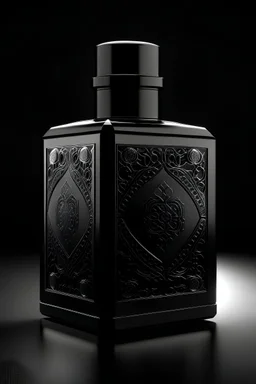 create square bottle design for oriental perfume bottle design with minimal and embossed ornamental designs. plain coated black bottle with metallic organic designed and parametric cap