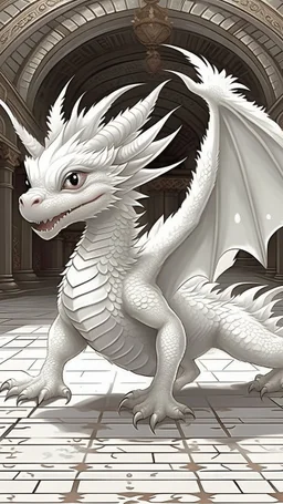 fluffy adorable baby white dragon,run around the Palace