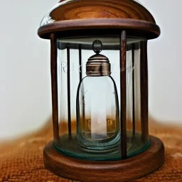 wooden bird in a bell jar, caustic reflections, symmetrical, frosted glass, glossy from rain, warm lighting