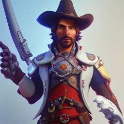 Ultra detailed fullbody Portrait of overwatch cow boy character with red cloak- Jesse McCree ,extremely detailed digital painting,intense stare, extremely detailed face, crystal clear eyes, mystical colors ,perfectly centered image, perfect composition, rim light, beautiful lighting,masterpiece ,8k, stunning scene, raytracing, anatomically correct, in the style of Steve Jung and robert e howard and Wizyakuza and Ohrai Noriyoshi and Simon Bisley and uncannyknack and kilory.