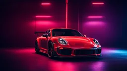 porsche 911 gt3 rs car, black and red, neon light background