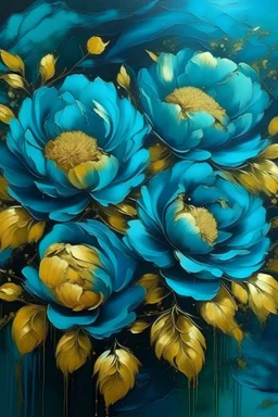 painting of turquoise Peonies flowers with gold flowers in center of canvas dark blue background