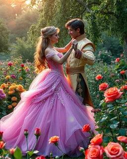 Beautiful Princess dancing salsa with handsome prince in Wild garden, flower beds, fractal ornamentation, over detailed, gloriously full and confusing, nothing that really exists, everything made up, fantasy world, sweet briar, photography graphic art, song birds, ochre rose, rose buds, dewy morning, forest of oaks,