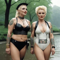 [photo by Evelyn Hofer] Tattooed Tank Girl and Madonna as middle age ladies wearing swimsuits caught in a heavy summer rain in central park, happy with no inhibitions