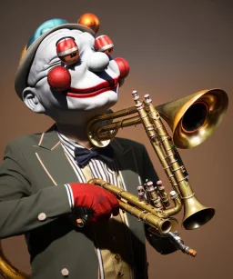 mechanoid smiling friendly clown playing jazz with a steampunk theme, trumpet, realistic