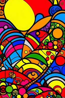 a sunset, colorful, flat colors, 2d, exaggerated shapes, symmetrical, Romero Britto style, thick contour line, bright colors, wow art