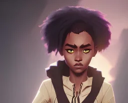 Portrait of cute black kid warlock girl with long dark curly hair and big lips by Nick Harris