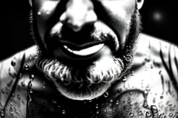 close up photography, dirty burly chubby Italian strong 48 years old homeless man, full of splashing milk in the face dripping on the beard, with dirty tank top, emotional eyes, manly chest, photo, Canon EOS, lens 35mm, natural lights, 8K, in the morning