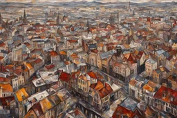 Aerial view palette knife painting of a bustling Victorian London , in the Expressionist style of Egon Schiele, Oskar Kokoschka, and Franz Marc, highly detailed in muted natural colors with fine detail outlining and shading