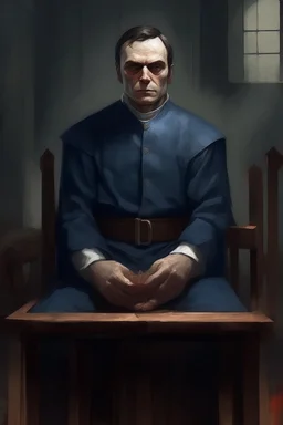 A priest they but a fabric on his eye so he can not see and his arms are Handcuffed. looks miserable with bruises on his face like he has been beating sitting on a broken chair in a prison with dem light and dark prison environments , Busch painting style , sureal