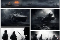 Masterpiece1:5)(Fineart), (award-winning:1.5), highest quality, (ultra realism:1.5) war journalism(,(by Tim Page and Hoorst Faas:1.5))(photorealistic:1.8), (Eastern Ukraine:(panel one:the moment after a battle ends, horrors of war, wounded men),(2nd panel, cinematic shot of men sitting in trench with 1000 yard stare (focus on their eyes:1.5)),(the third panel shows troops tired but hyper alert), (the fourth panel shows the sky is filled with incessant, fire and smoke,)