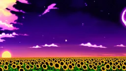 purple sky full of stars, sunflower field, anime, high res, makoto shinkai
