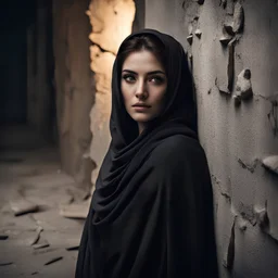 Hyper Realistic Young-Beautiful-Pashto-Woman-With-Beautiful-Eyes in black shawl peeking-half-faced behind a cracked-wall at night with dramatic & cinematic ambiance