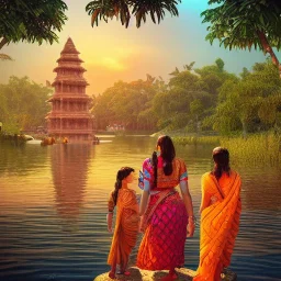 highly detailed indian lake with temple, indian woman in sari with children and lotus landscape with birds, jungle, sunset, illustration, cinematic lighting, 4k, 8k, octane render, digital concept art, trending on artstation, pinterest, extremely detailed, ambient lighting.