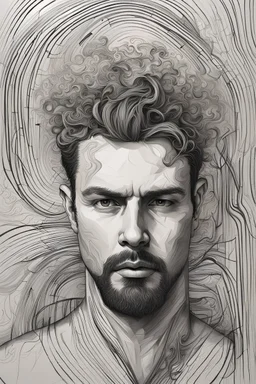 Portrait drawing of A man with deep lines on his face, staring towards the heaven, chaos, abstract