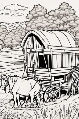 coloring page, hay wagon, cartoon style, thick lines, low detail, no shading