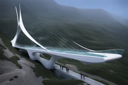 a futuristic glass bridge made of glass by architect "Calatrava",by artist "Zaha Hadid"