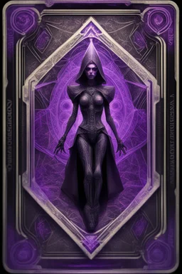 sacred geometry framed playing card, black and purple dancer thief shadows boss card in the style of Giger and fallout 4 ,,bokeh like f/0.8, tilt-shift lens 8k, high detail, smooth render, down-light, unreal engine