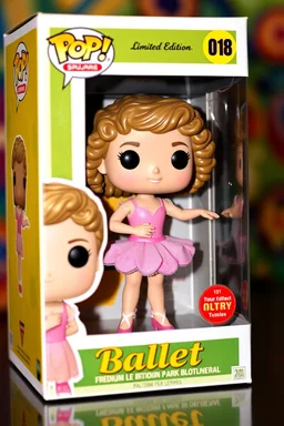 Funko Pop, very young female, medium soft curly dark blond hair, pink ballerina dress, dance pose, smiling, very happy, colorful background, The Funko is displayed inside and outside a limited edition green and yellow Funko box with Ballet text, allowing visibility of the figure, typography, 3D render.