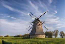 wide angle shot of golden wheat field next to river ,a watermill on river, a beautiful girl in pretty long dress walking in