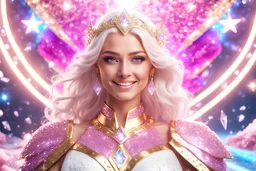 A beautiful photo hyper realistic shiny white huge cosmic mothership with the portrait of a beautiful smiling blonde goddess,dressed in pink glitter and bright gold uniform of light floating in the sky, crystals water, diamonds, glitter smalls white and littles stars, white and glitter, cosmos, 4k, ultra details, real image with intricated details, unreal engine 4