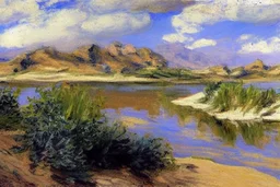 Sunmy day, clouds, mountains, distant mountains, vegetations, sand, desert, lake, lake reflections, philip wilson steer impressionism paintings