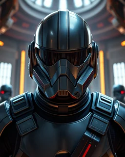 star wars bald male corellian pilot wearing pearlescent black and gunmetal grey First Order special forces heavy assault stealth commando armor and helmet with mirrored visor and gold and metallic red trim inside the jedi temple, hyperdetailed, dynamic lighting, hyperdetailed background, 8k resolution, volumetric lighting, light skin, fully symmetric details