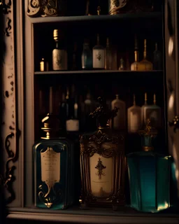 generate me an aesthetic photo of perfumes for Perfume Bottles in an Antique Cupboard