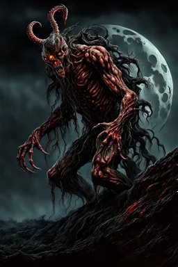 A dramatic digital painting portraying a horror monster under the Moon, veins pulsing, claws of temptation visible, soul in turmoil. In the style of Luis Royo and Boris Vallejo and Giger and Ridley Scott, vivid colors, swirling brushstrokes, highly detailed, 8k resolution, surrealistic., juicy emotions, painting, gloomy fantasy, gloomy day, dark world, portrait, wide strokes, a weaving frame around, by Ryohei Hase, Agnes Cecile, Raymond Swanland, Anne Bachelier