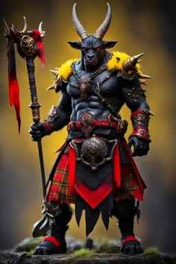 a Monster. who is big and has patch work scaling for skin. and horns. he is also wearing a Scottish clan kilt that's yellow black and red.