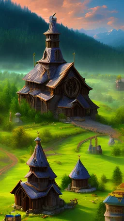 New round cylindrical enormous wooden church with cone-shaped roof in rural surroundings, and mountains in the far distance, highly detailed, realistic, sunshine, RTX