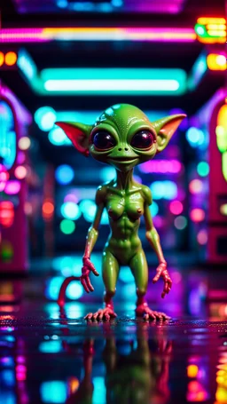 sexy stunt alien gremlin in telephone both parked in dark neon lit reflective wet arcade hall tunnel,bokeh like f/0.8, tilt-shift lens 8k, high detail, smooth render, down-light, unreal engine, prize winning