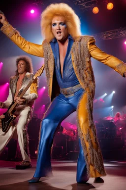 What Elvis Presley would look like if he were in a 1980s, big hair, glam rock band that wears facial makeup and crazy costumes