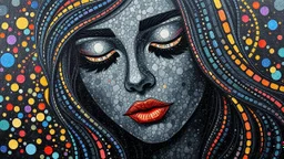 masterpiece Impasto style oil painting of creating figure full an girl the face is made of granite terrazzo motifs black with textured brush strokes, long hair is made of immersive experience, intricate and detailed, trippy psychedelic Pointillist bright, lively and colorful explosions mirrors dry, and closed eyes. Cubist granite abstract descending from a amazing stained glass spirograph sheets slanted ribbon lines, a sheets spiral geomatrical, Express live brushwork brings depth and texture to