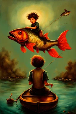 a painting of a young boy riding a fish, a storybook illustration by Esao Andrews, cgsociety, pop surrealism, storybook illustration, whimsical, detailed painting, ukiyo-e style