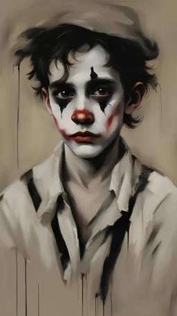 In this mesmerizing painting, we are introduced to a striking image of a boy joker who embodies beauty despite his impoverished and sorrowful state. The artist skillfully captures his delicate features, portraying him with sunken eyes that convey a deep sadness and lips that hold a melancholic smile. The boy's worn and tattered garments showcase his destitution, with frayed edges and patches telling a story of hardship. The overall ambiance of the painting is one of both elegance and despair, ev