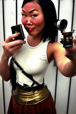 Steam-punk style random-mask. Large fencing mask covers cheeks. Trim girls. Reflective white plastic skin. Camera lenses as eyes. Head full of integrated old-fashioned cameras. Golden to cyan surfaces body, latex. Perfect body, thick thighs and calves. Asa Akira. SElfie with old-fashioned cameras in both hands. Wide hip, skirt bleats nicely. Camera at mons veneris. Partly symmetrical. Black wide leather belt with camera. Euclidean 3D-tiling walls. surrealistic. surveillance walls